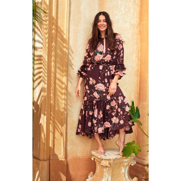 H&M x Johanna Ortiz Dark Brown Pink Floral Flounced Crepe Midi Dress US XS - Picture 1 of 14